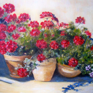 Geraniums sur terrasse - Acrylique sur toile - 41x33cm - Marijane Le Goaster Geraniums sur terrasse - Acrylique sur toile