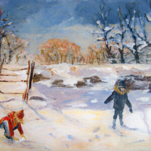 Les enfants dans la neige - Acrylique sur toile - 24x33 cm - Marijane Le Goaster Les enfants dans la neige - Acrylique sur toile