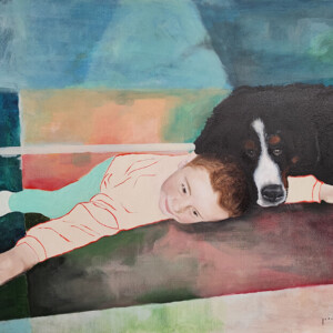 L'enfant et la chienne, 2024, acrylique et huile sur toile 90x70cm