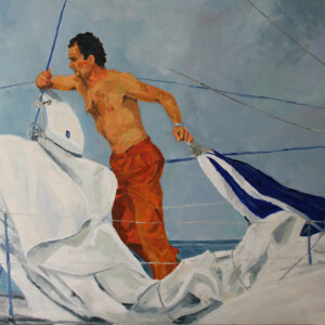 Eric Tabarly d'après une photo de Jean Guichard, 80x120cm, huile , Solange Le Chéker