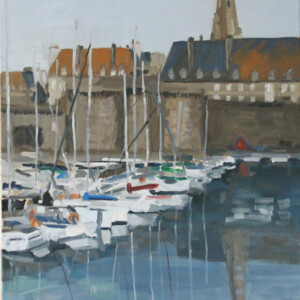 Saint-Malo,-bassins, remparts et tours, flêche de la cathédrale-73x50cm, huile, Solange Le Chéker