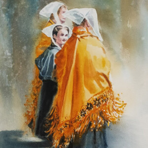 Bretonnes aux châles jaunes, aquarelle aquarelle Marc Broudic